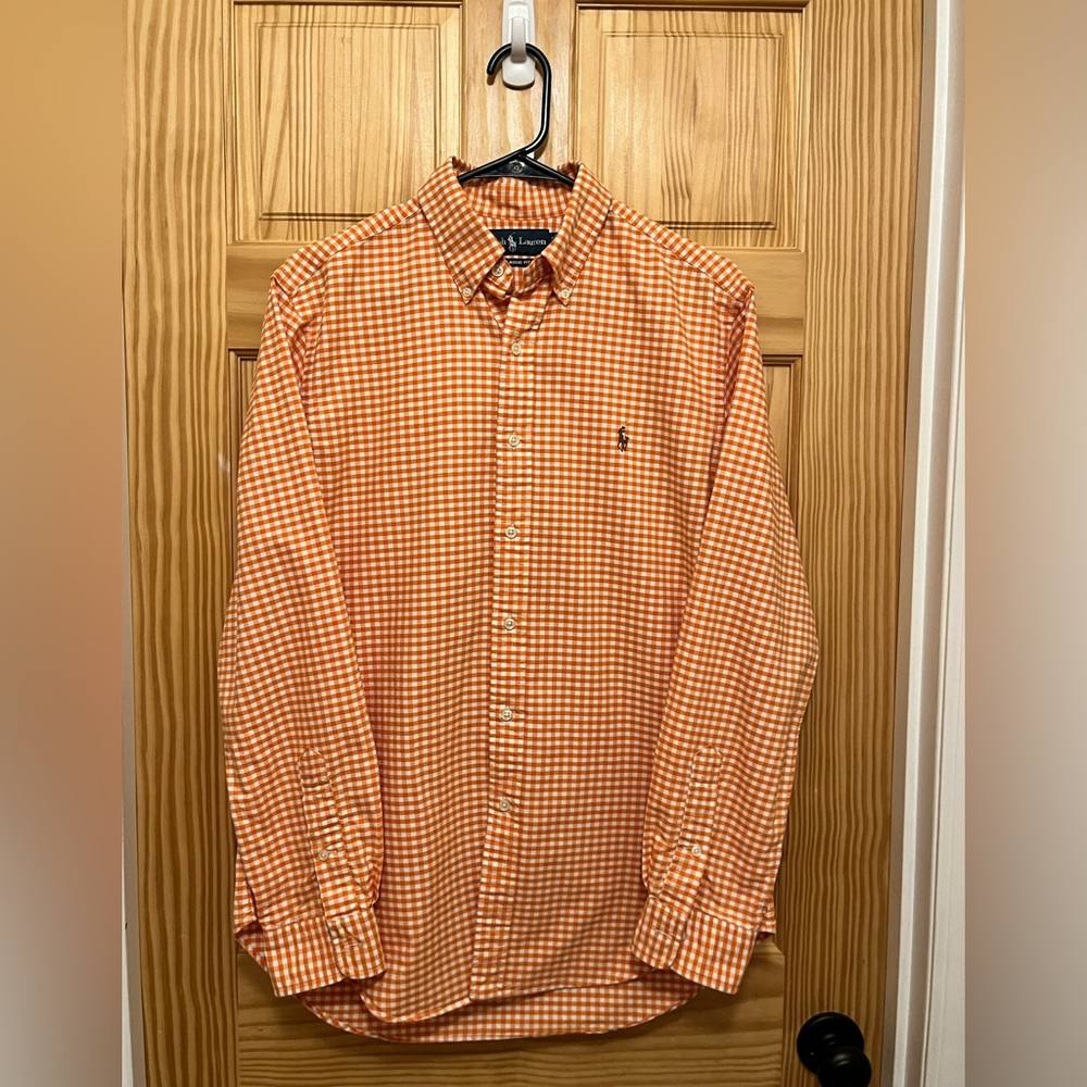 Ralph Lauren Classic Fit, Men's M Oxford, Orange/White Gingham, Brown Pony